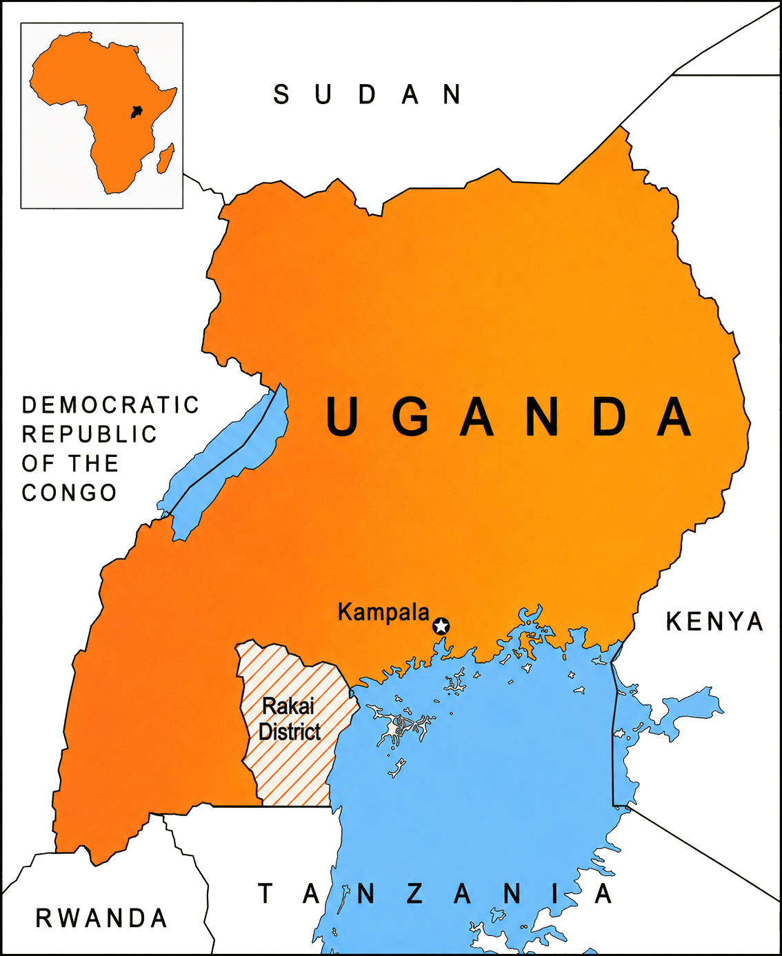 Kaart van het werkgebied in de regio Rakai, Uganda